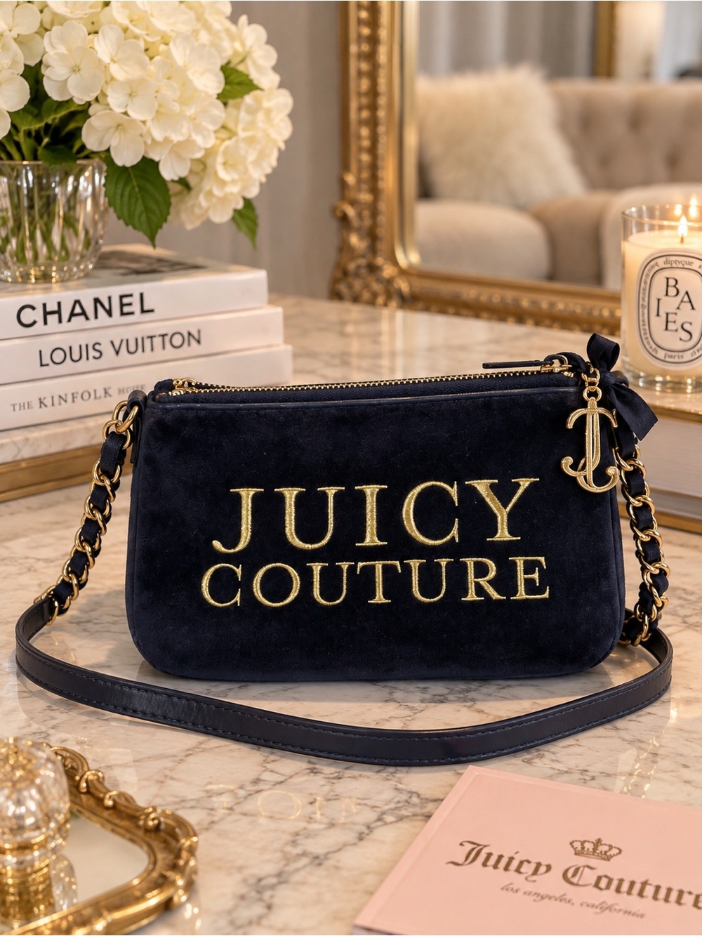 NWT Juicy Couture Juicy Sunburst Navy Velour Crossbody Bag WHB391
